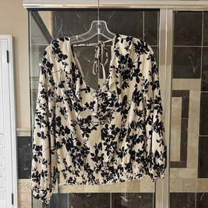 MELLODAY Cream Blouse with Black Floral Print, Cowl Neck